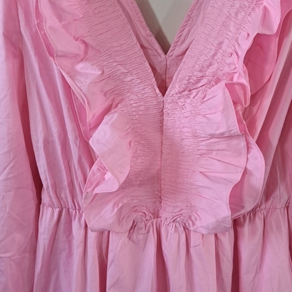 NWT Strut & Bolt Smocked Pink Ruffles Deep V-Neck Stretch Fun Girly Short Dress - Picture 9 of 13